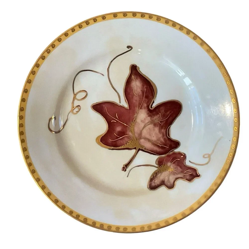 Crate & Barrel Salad Plates Autumn Fall Leaf Set Of 4 Decorative Gold Gilt